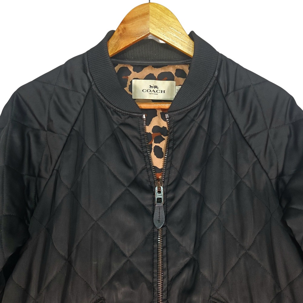 Coach Quilted Bomber Jacket Womens S Black Leopard Print Lining Baggy Oversized - Picture 3 of 11